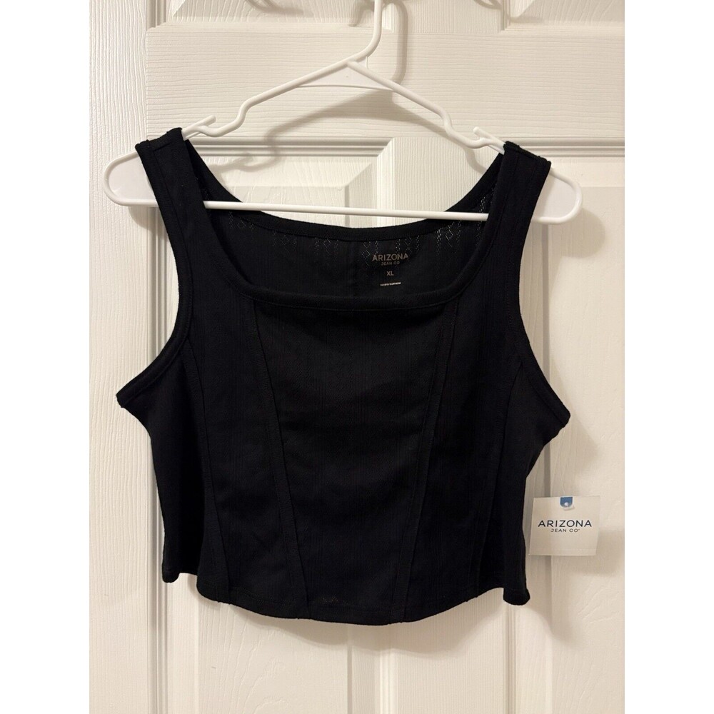 Arizona Jean Co Cropped Tank Ribbed Eyelet Black Curved Hem Size XL Brand New
